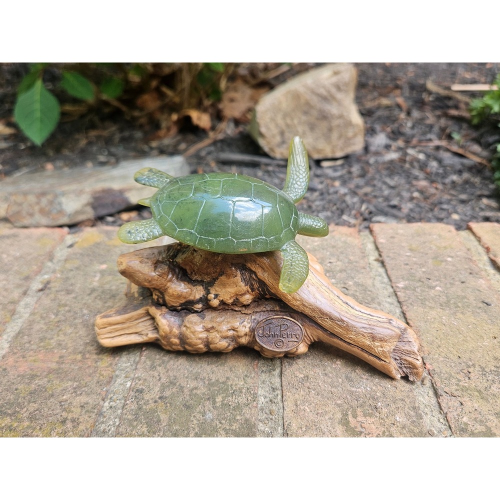 John Perry Pellucida Green Sea Turtle Sculpture Art on Drift Wood- FLAW